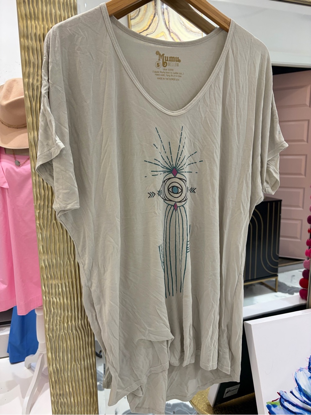 Show Me Your MuMu Cream Graphic V-Neck Tunic with Teal & Pink Detail